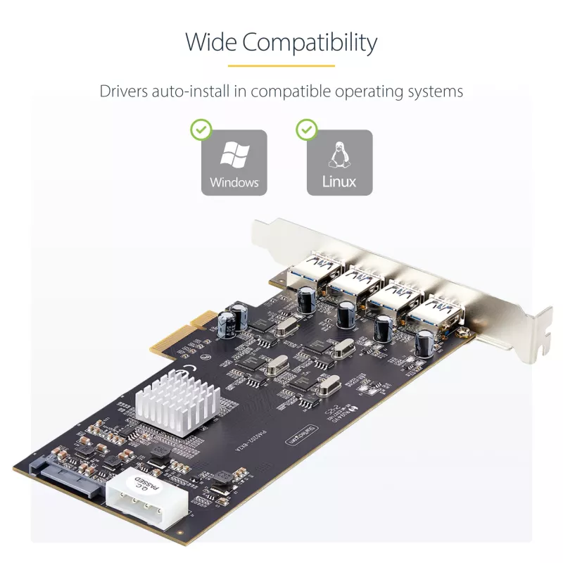 StarTech.com 4-poorts USB PCIe-kaart, USB 3.2 5 Gbit/s, PCI Express-uitbreidingskaart met 4 onafhankelijke USB-controllers, 4 USB-A-poorten, Windows/macOS/Linux