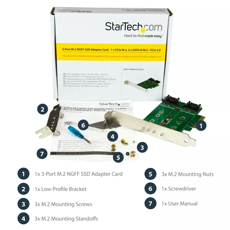 StarTech.com 3-poorts M.2 SSD (NGFF) adapterkaart – 1 x PCIe (NVMe) M.2, 2 x SATA III M.2 – PCIe 3.0