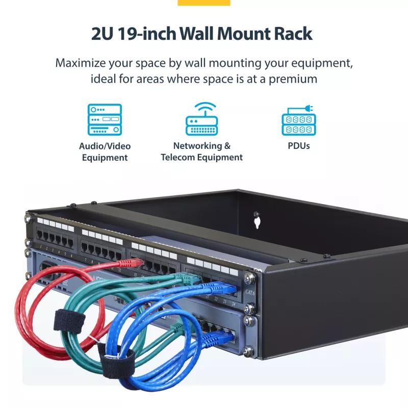 StarTech.com RACK-2U-14-BRACKET 2U 19-inch netwerkrack voor wandmontage, 14 inch diep (laag profiel), patchpaneelbeugel, draagvermogen 35 kg (77 lbs), zwart