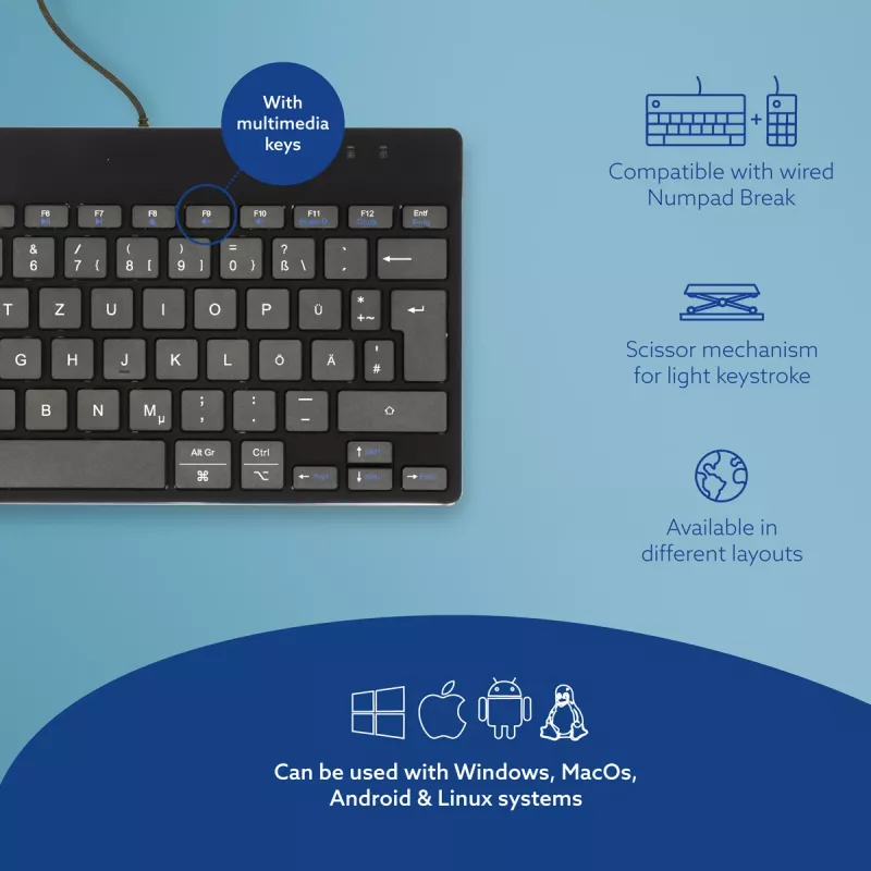 R-Go Tools ergonomisch toetsenbord R-Go Compact Break, compact toetsenbord met pauzesoftware, QWERTZ (DE), bedraad, zwart
