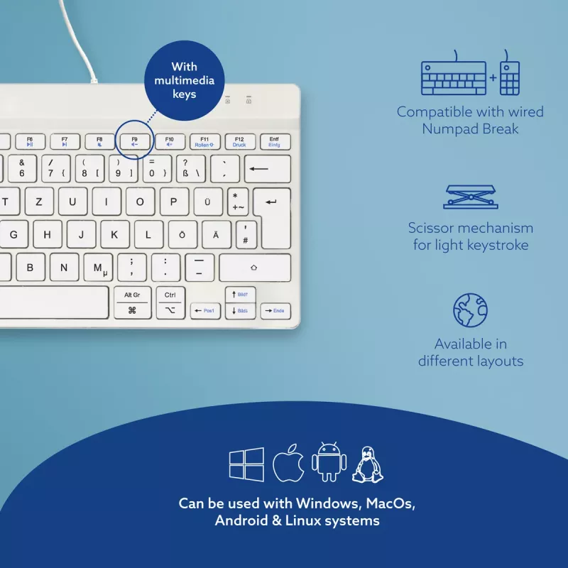R-Go Tools ergonomisch toetsenbord R-Go Compact Break, compact toetsenbord met pauzesoftware, QWERTZ (DE), bedraad, wit