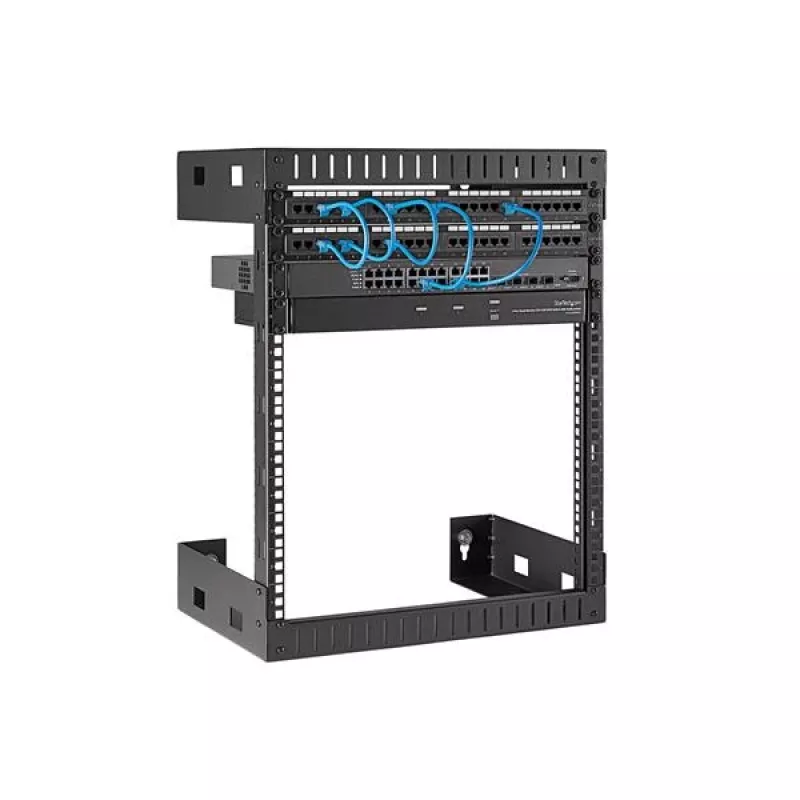 StarTech.com 12HE 19 inch wandmontage-netwerkkast – 12 inch diep 2-paals open-frame serverkast voor data/AV/IT/computerapparatuur/patchpaneel met kooimoeren & schroeven 90 kg draagvermogen, zwart (RK12WALLO)