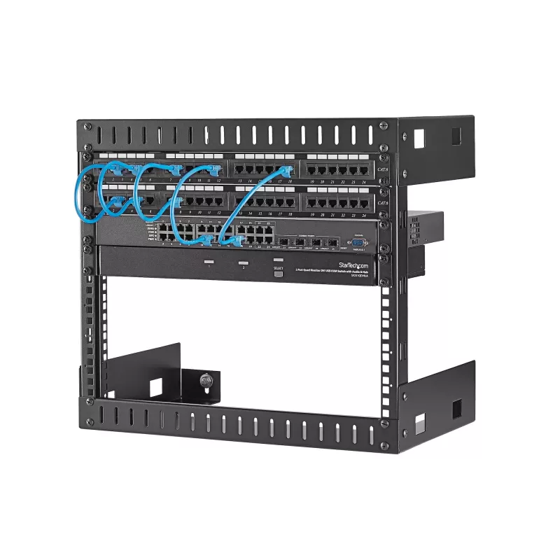 StarTech.com 8U 19 inch wandmontage-netwerkrack – 12 inch diep 2-paals open-frame serverruimterack voor data-/AV-/IT-/computerapparatuur/patchpaneel met kooimoeren en schroeven, 135 lb draagvermogen, zwart (RK812WALLO)