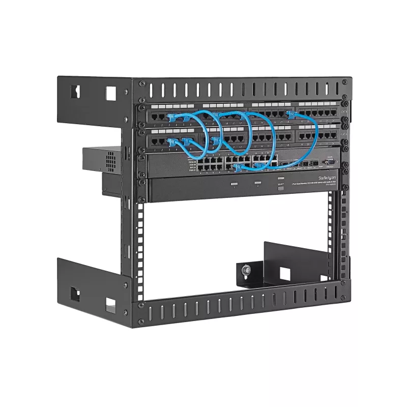 StarTech.com 8U 19 inch wandmontage-netwerkrack – 12 inch diep 2-paals open-frame serverruimterack voor data-/AV-/IT-/computerapparatuur/patchpaneel met kooimoeren en schroeven, 135 lb draagvermogen, zwart (RK812WALLO)