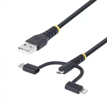 StarTech.com 1m robuuste USB-multilaadkabel, USB naar Lightning/Micro-USB/Type-C, Apple MFi gecertificeerd, aramide mantel, universele 3-in-1 USB-laadkabel voor iPhone/iPad/Android