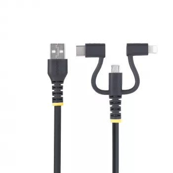 StarTech.com 1m robuuste USB-multilaadkabel, USB naar Lightning/Micro-USB/Type-C, Apple MFi gecertificeerd, aramide mantel, universele 3-in-1 USB-laadkabel voor iPhone/iPad/Android