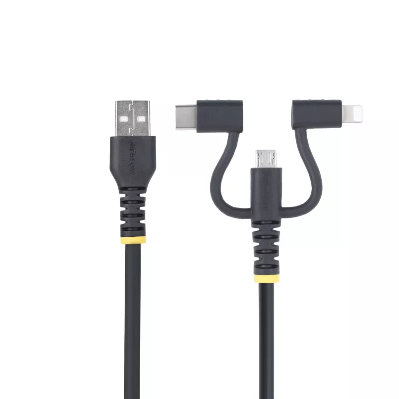 StarTech.com 1m robuuste USB-multilaadkabel, USB naar Lightning/Micro-USB/Type-C, Apple MFi gecertificeerd, aramide mantel, universele 3-in-1 USB-laadkabel voor iPhone/iPad/Android