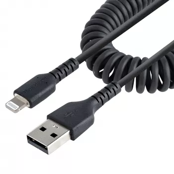 StarTech.com 1m (3ft) USB naar Lightning kabel, MFi-gecertificeerd, spiraalvormige iPhone oplaadkabel, zwart, duurzame TPE-mantel aramidevezel, robuuste spiraalkabel Lightning