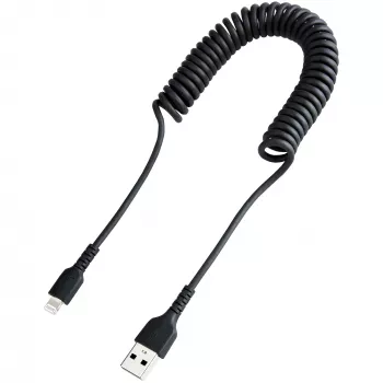 StarTech.com 1m (3ft) USB naar Lightning kabel, MFi-gecertificeerd, spiraalvormige iPhone oplaadkabel, zwart, duurzame TPE-mantel aramidevezel, robuuste spiraalkabel Lightning