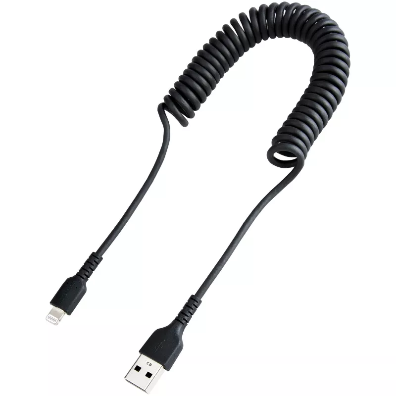StarTech.com 1m (3ft) USB naar Lightning kabel, MFi-gecertificeerd, spiraalvormige iPhone oplaadkabel, zwart, duurzame TPE-mantel aramidevezel, robuuste spiraalkabel Lightning