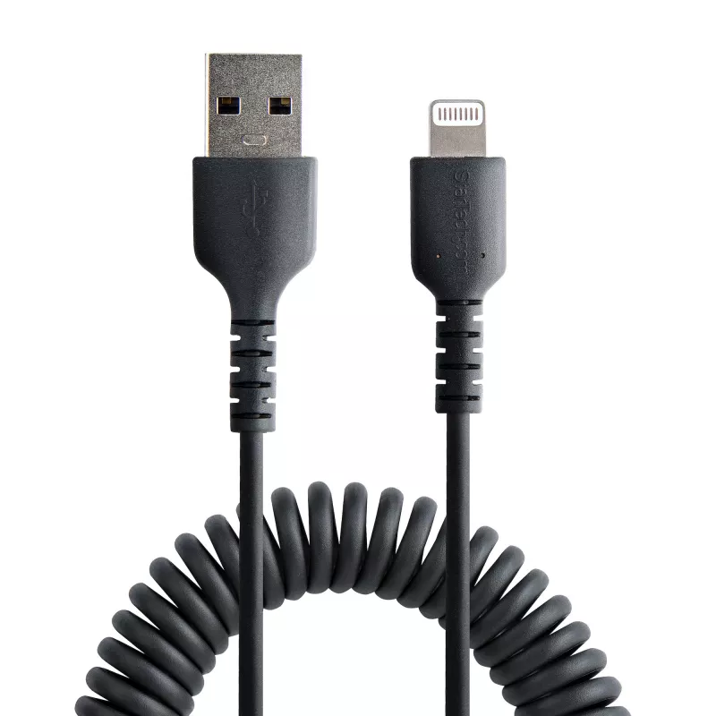 StarTech.com 1m (3ft) USB naar Lightning kabel, MFi-gecertificeerd, spiraalvormige iPhone oplaadkabel, zwart, duurzame TPE-mantel aramidevezel, robuuste spiraalkabel Lightning