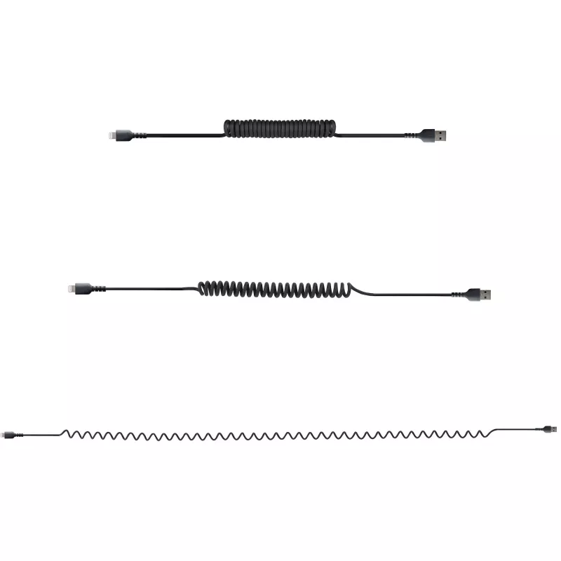 StarTech.com 1m (3ft) USB naar Lightning kabel, MFi-gecertificeerd, spiraalvormige iPhone oplaadkabel, zwart, duurzame TPE-mantel aramidevezel, robuuste spiraalkabel Lightning
