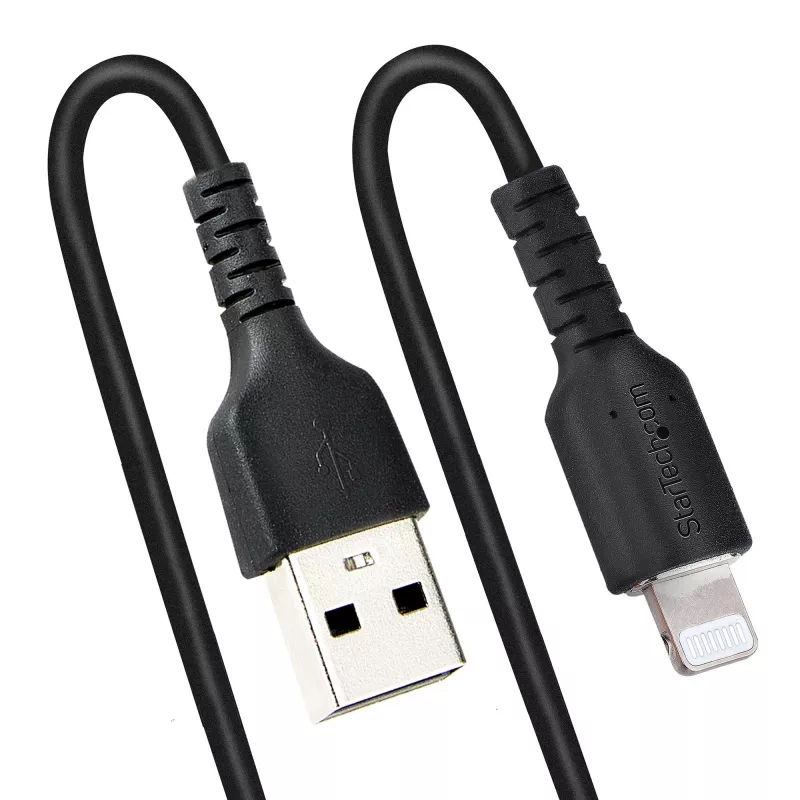 StarTech.com 1m (3ft) USB naar Lightning kabel, MFi-gecertificeerd, spiraalvormige iPhone oplaadkabel, zwart, duurzame TPE-mantel aramidevezel, robuuste spiraalkabel Lightning