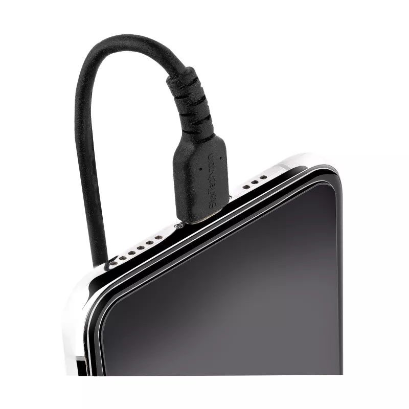 StarTech.com 1m (3ft) USB naar Lightning kabel, MFi-gecertificeerd, spiraalvormige iPhone oplaadkabel, zwart, duurzame TPE-mantel aramidevezel, robuuste spiraalkabel Lightning