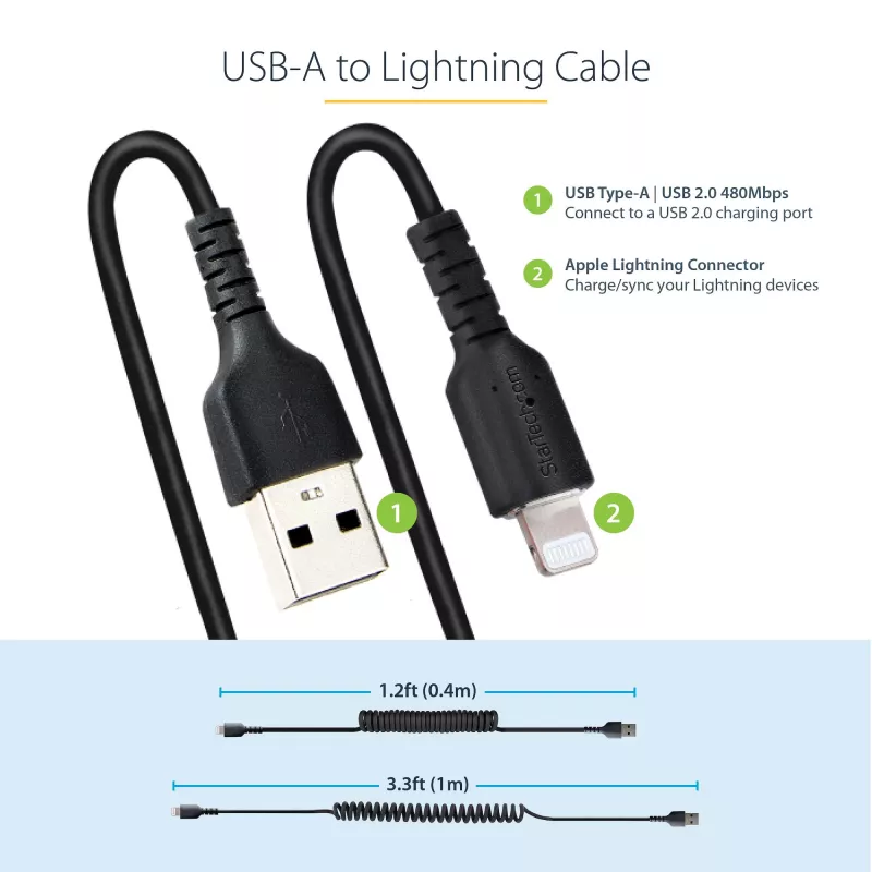StarTech.com 1m (3ft) USB naar Lightning kabel, MFi-gecertificeerd, spiraalvormige iPhone oplaadkabel, zwart, duurzame TPE-mantel aramidevezel, robuuste spiraalkabel Lightning