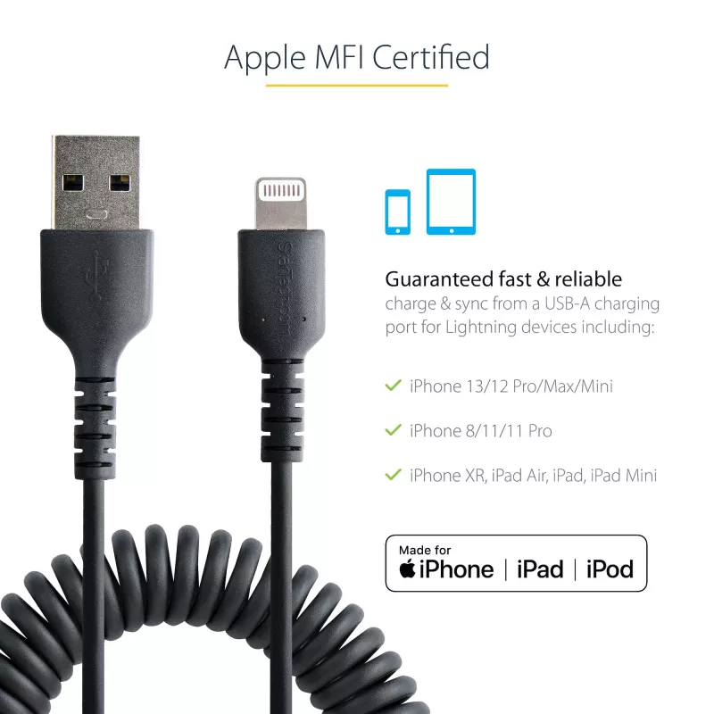 StarTech.com 1m (3ft) USB naar Lightning kabel, MFi-gecertificeerd, spiraalvormige iPhone oplaadkabel, zwart, duurzame TPE-mantel aramidevezel, robuuste spiraalkabel Lightning