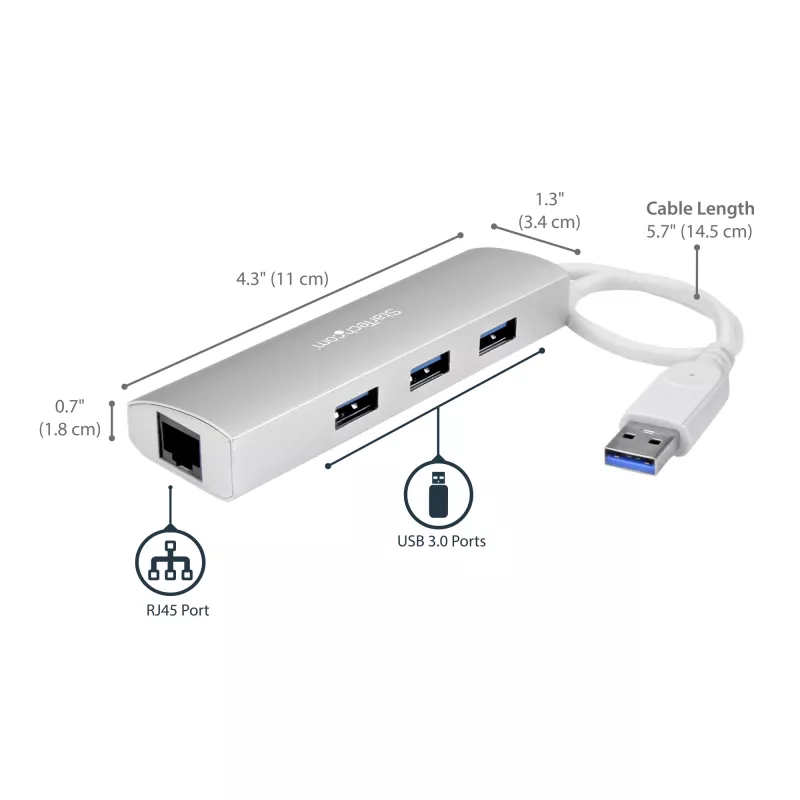 StarTech.com 3-poorts draagbare USB 3.0-hub met Gigabit Ethernet - geïntegreerde kabel~3-poorts draagbare USB 3.0-hub met Gigabit Ethernet - 5 Gbit/s - geïntegreerde kabel