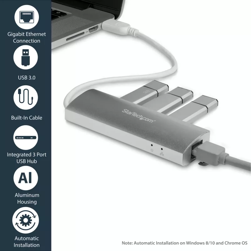 StarTech.com 3-poorts draagbare USB 3.0-hub met Gigabit Ethernet - geïntegreerde kabel~3-poorts draagbare USB 3.0-hub met Gigabit Ethernet - 5 Gbit/s - geïntegreerde kabel