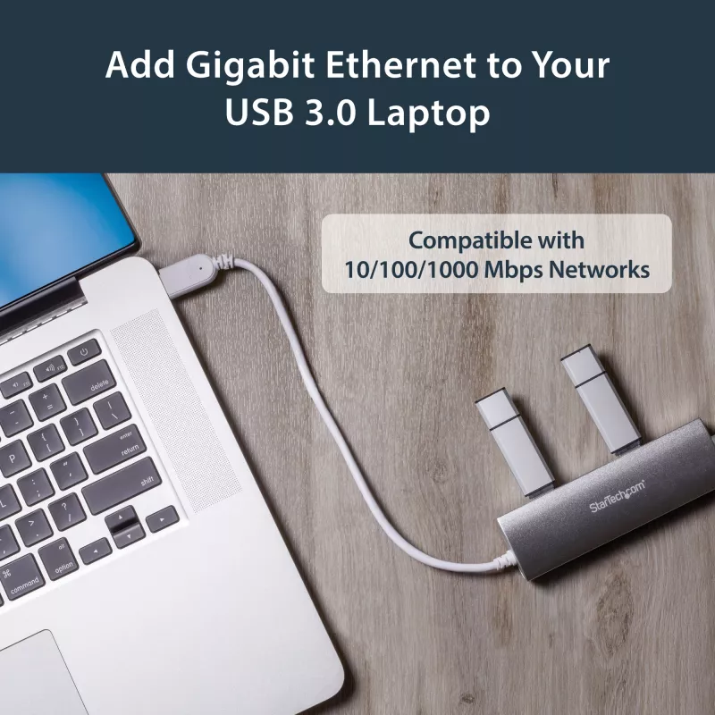 StarTech.com 3-poorts draagbare USB 3.0-hub met Gigabit Ethernet - geïntegreerde kabel~3-poorts draagbare USB 3.0-hub met Gigabit Ethernet - 5 Gbit/s - geïntegreerde kabel