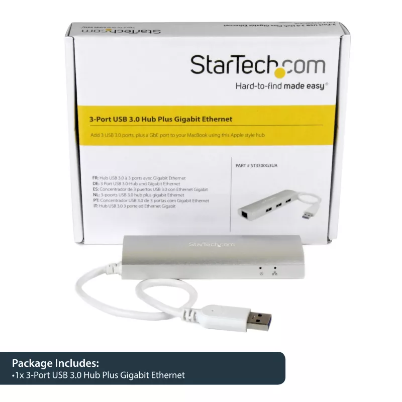 StarTech.com 3-poorts draagbare USB 3.0-hub met Gigabit Ethernet - geïntegreerde kabel~3-poorts draagbare USB 3.0-hub met Gigabit Ethernet - 5 Gbit/s - geïntegreerde kabel