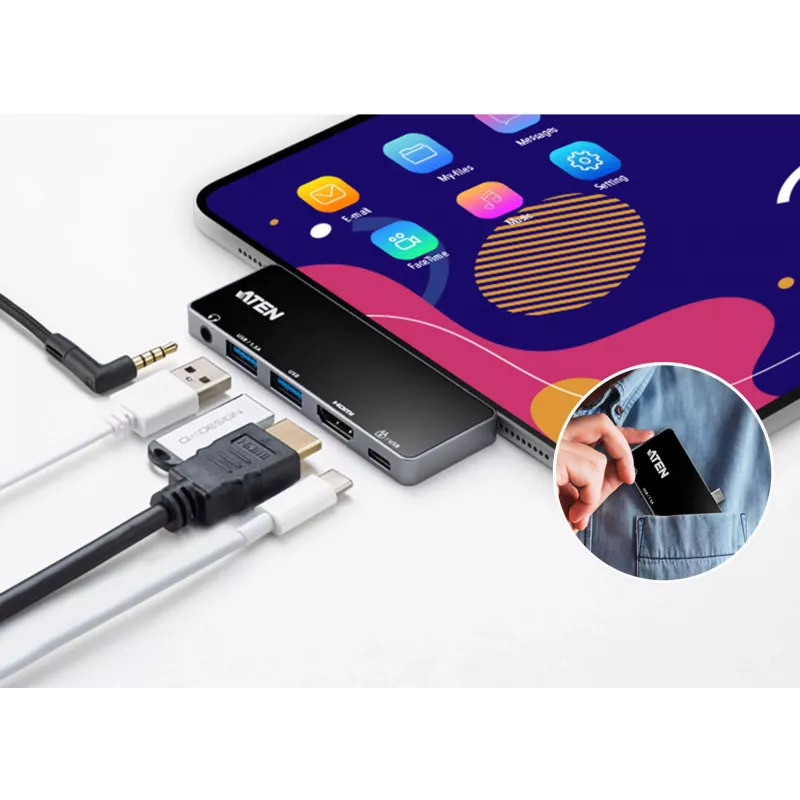 ATEN USB-C travel dock met power pass-through, universeel, USB Type-C, zwart, zilver