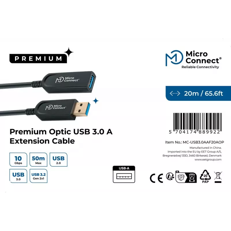 Microconnect USB3.0AAF20AOP USB-kabel USB 3.2 Gen 1 (3.1 Gen 1) 20 m USB A zwart