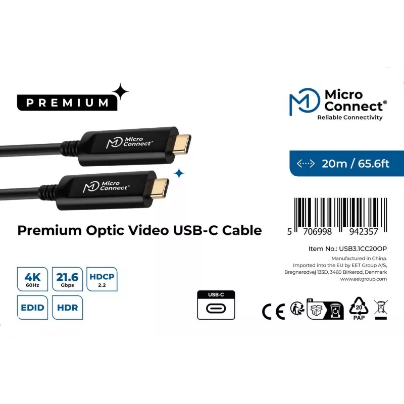 Microconnect USB3.1CC20OP USB-kabel USB 3.2 Gen 2 (3.1 Gen 2) 20 m USB C zwart