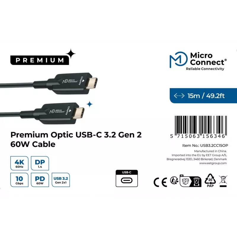 USB-kabel Microconnect USB3.2CC15OP 15 m USB-C zwart 10 Gbit/s