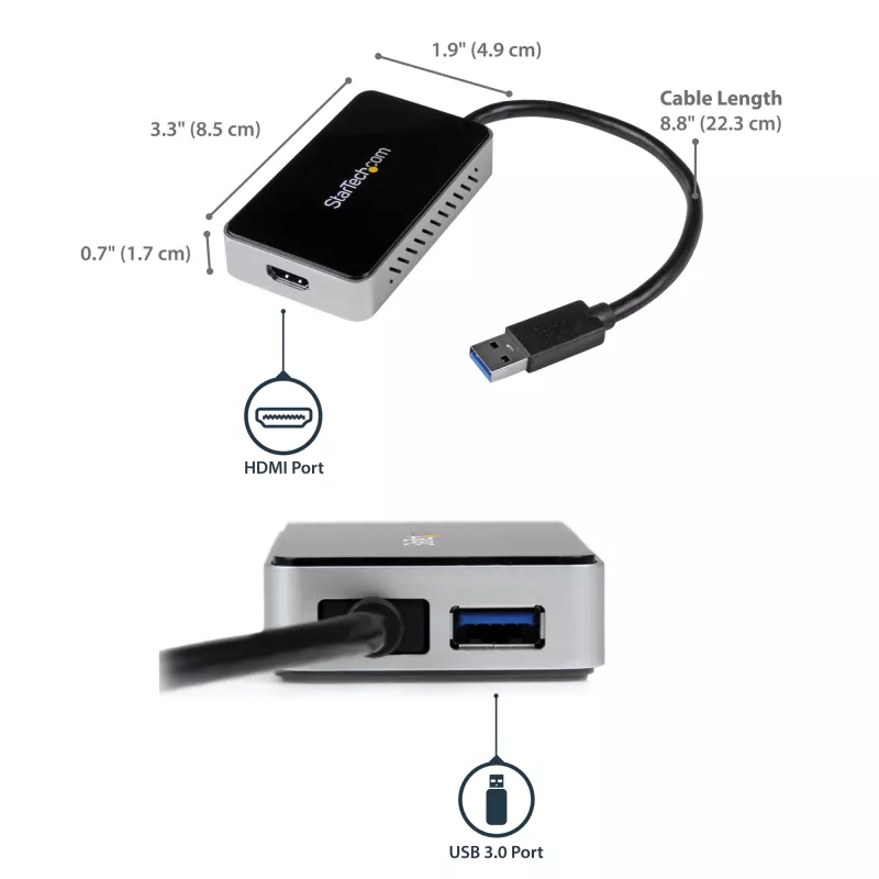 StarTech.com USB 3.0 naar HDMI-adapter met 1x USB, USB naar HDMI-monitorconverter voor Windows (geen ondersteuning voor macOS/ChromeOS/Linux) - TAA