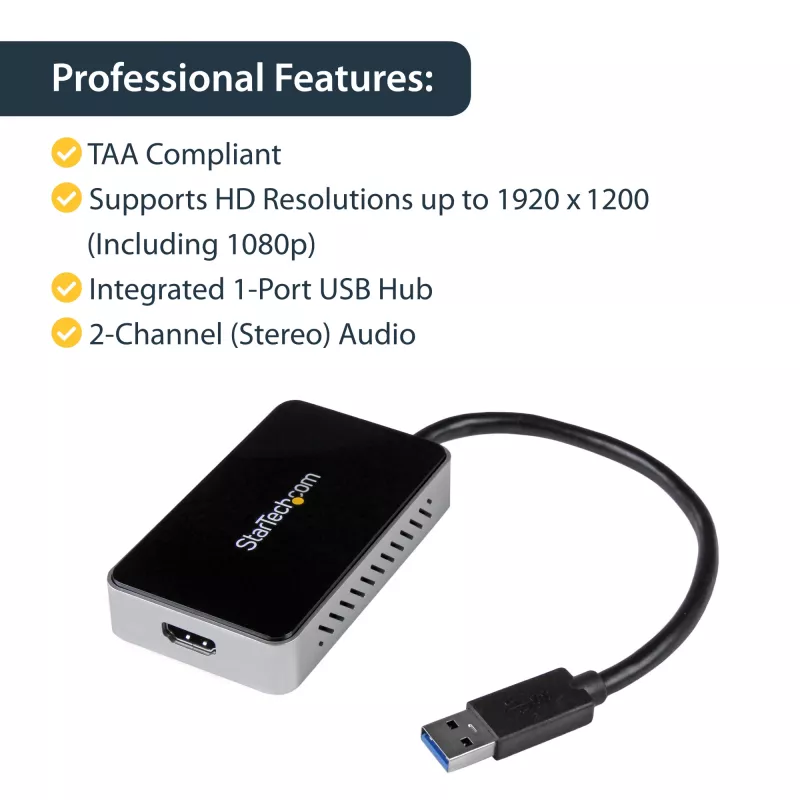 StarTech.com USB 3.0 naar HDMI-adapter met 1x USB, USB naar HDMI-monitorconverter voor Windows (geen ondersteuning voor macOS/ChromeOS/Linux) - TAA