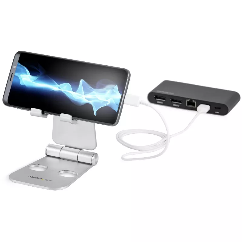 StarTech.com telefoon- en tabletstandaard - Opvouwbare universele houder voor mobiele apparaten, voor smartphones & tablets - Verstelbare multi-hoek ergonomische telefoonstandaard voor bureau - Draagbaar - zilver