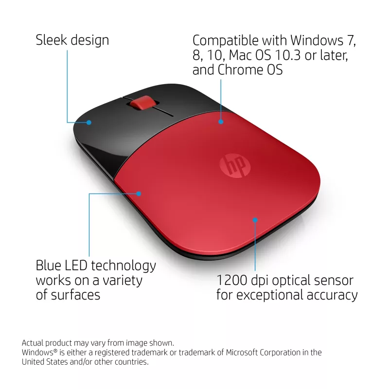 HP Z3700 draadloze muis rood, voor beide handen, optisch, RF draadloos, 1200 DPI, rood