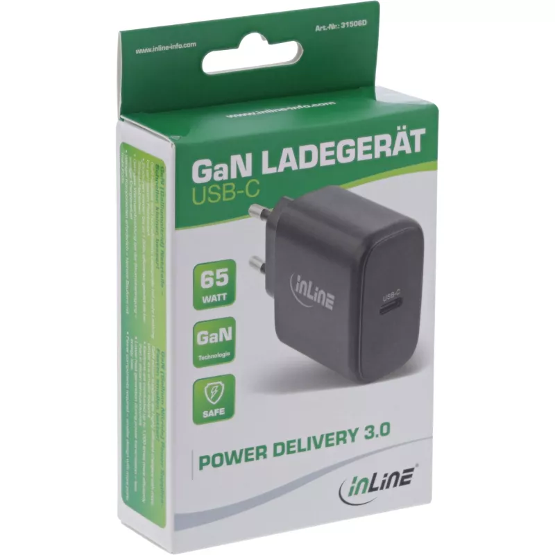 InLine USB PD-voeding, GaN-oplader, enkel USB-C, Power Delivery, 65 W
