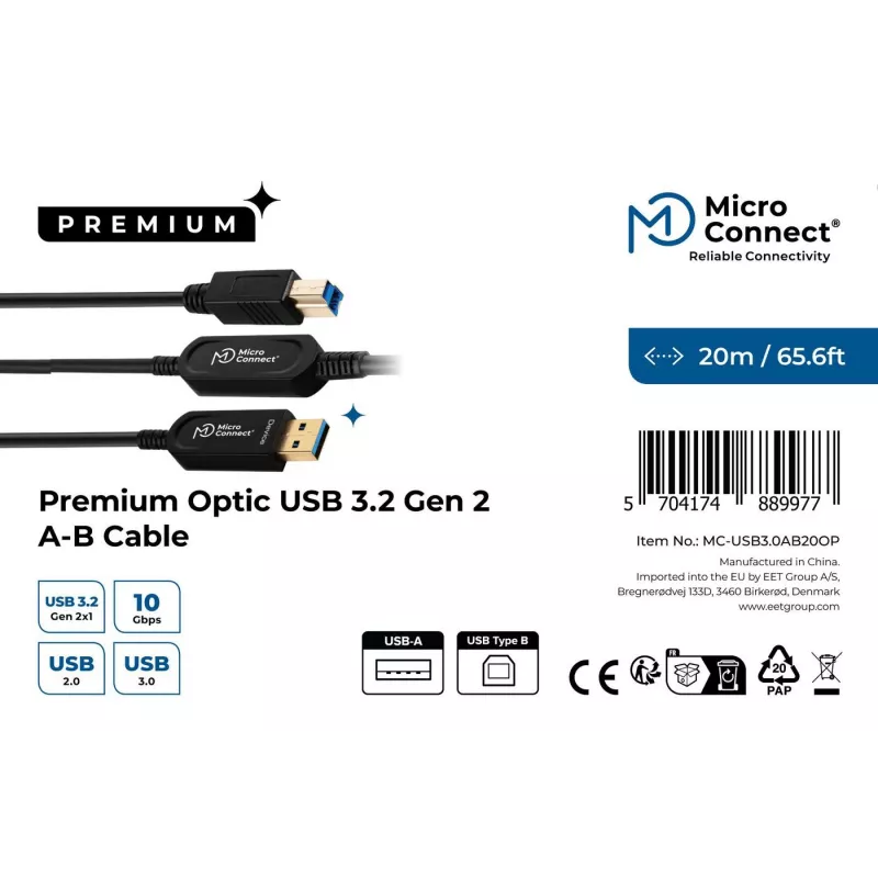 Microconnect MC-USB3.0AB20OP USB-kabel USB 3.2 Gen 2 (3.1 Gen 2) 20 m USB A USB B zwart