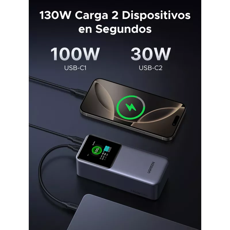Ugreen 20000mAh 130W snelladen powerbank lithium grijs