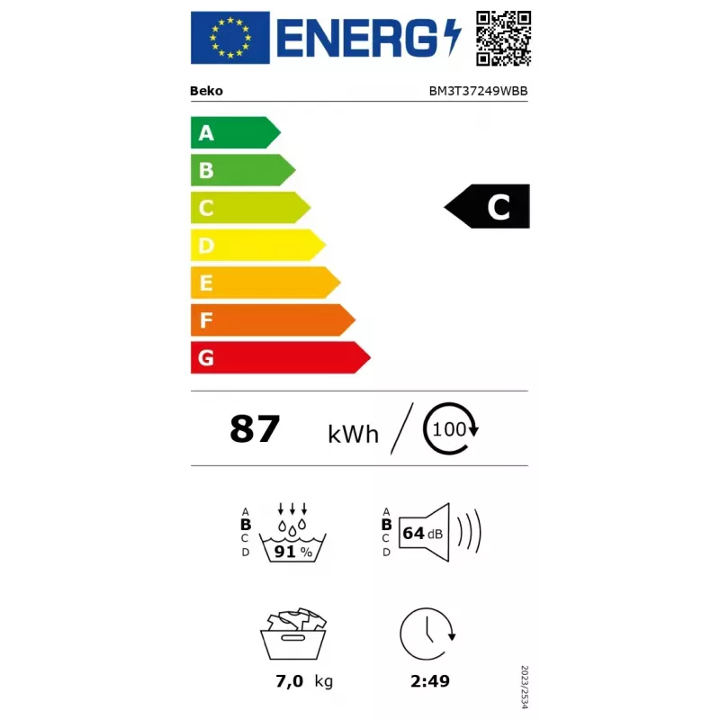 BEKO wasdroogrek | BM3T37249WBB | energie-efficiëntieklasse C | frontlader | 7 kg | digitaal | diepte 54,5 cm | wit