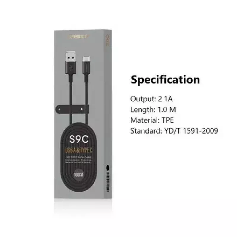 USB-A-naar-USB-C-kabel Orsen S9C 1 m, 2,1 A, zwart