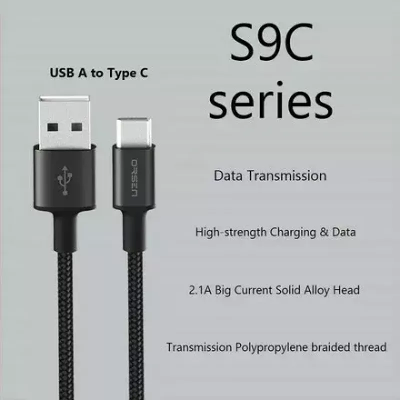 USB-A-naar-USB-C-kabel Orsen S9C 1 m, 2,1 A, zwart