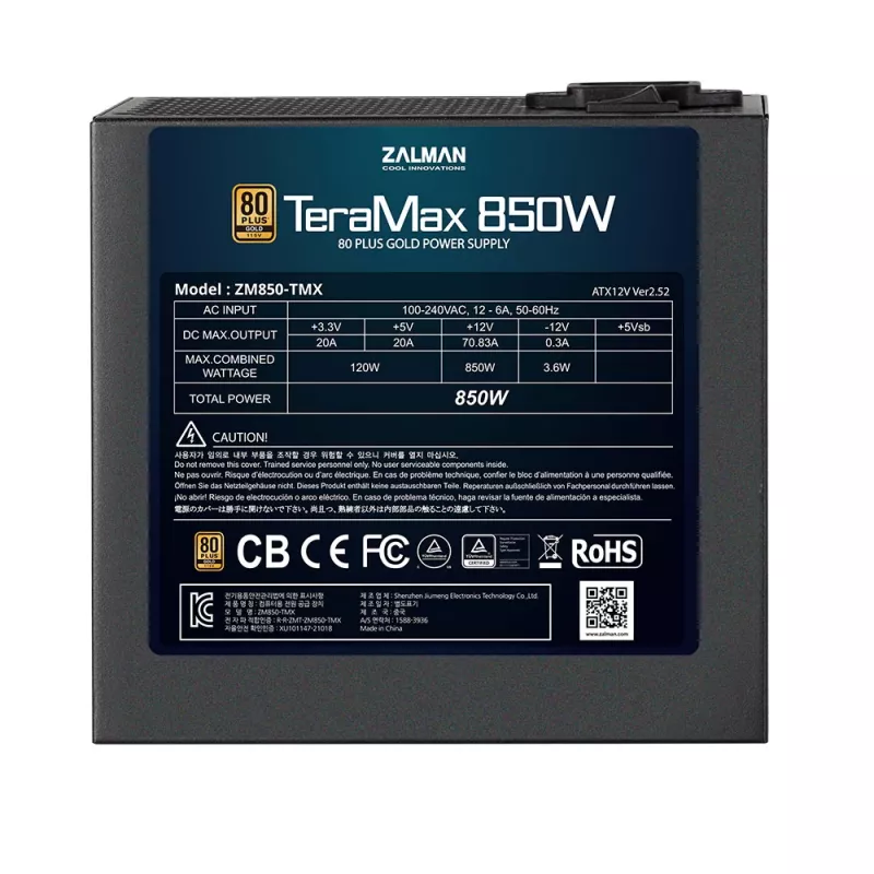 Zalman ZM850-TMX TeraMax voeding 850 W, 80 PLUS Gold, actieve PFC, 120 mm ventilator