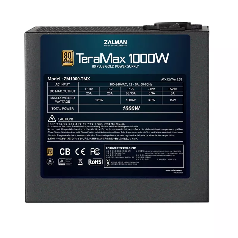 Zalman ZM1200-TMX TerraMax 80 PLUS GOLD PSU 1200W/Full-modular 99,9% Active PFC/Single-voeding