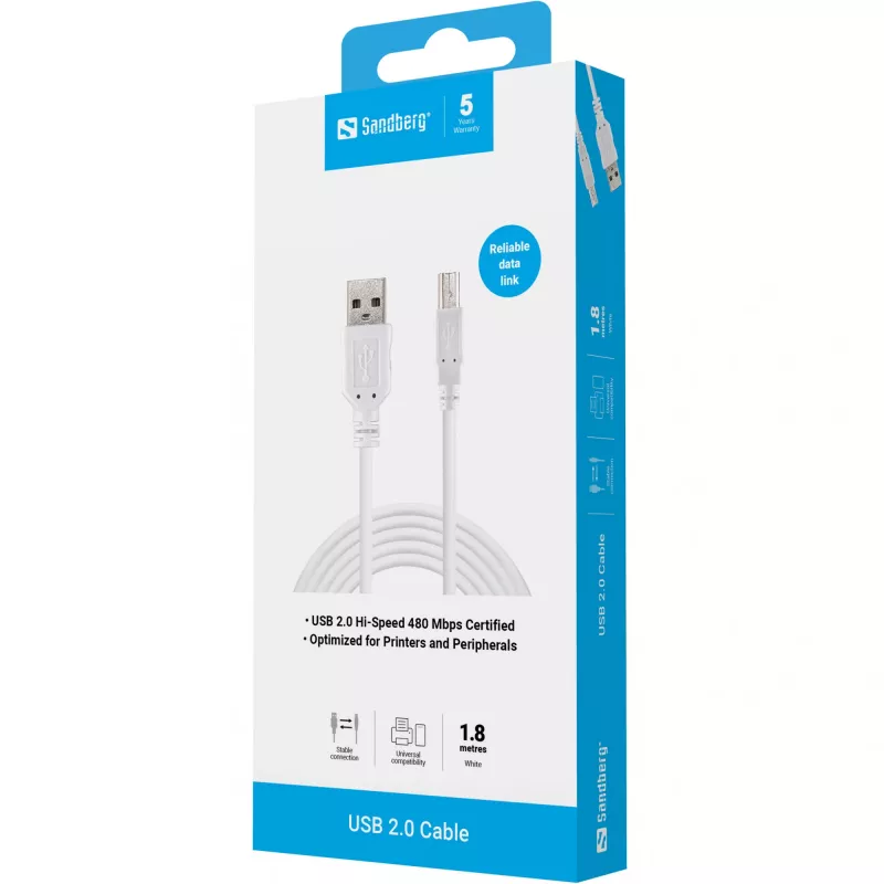 USB 2.0 A-B kabel stekker/stekker Sandberg 502-78 1,8 m