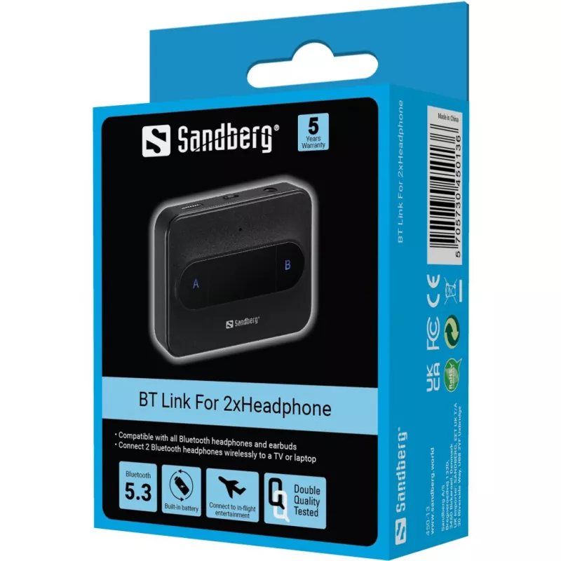 Sandberg Bluetooth Link voor 2x koptelefoons draadloos Bluetooth 3,5 mm