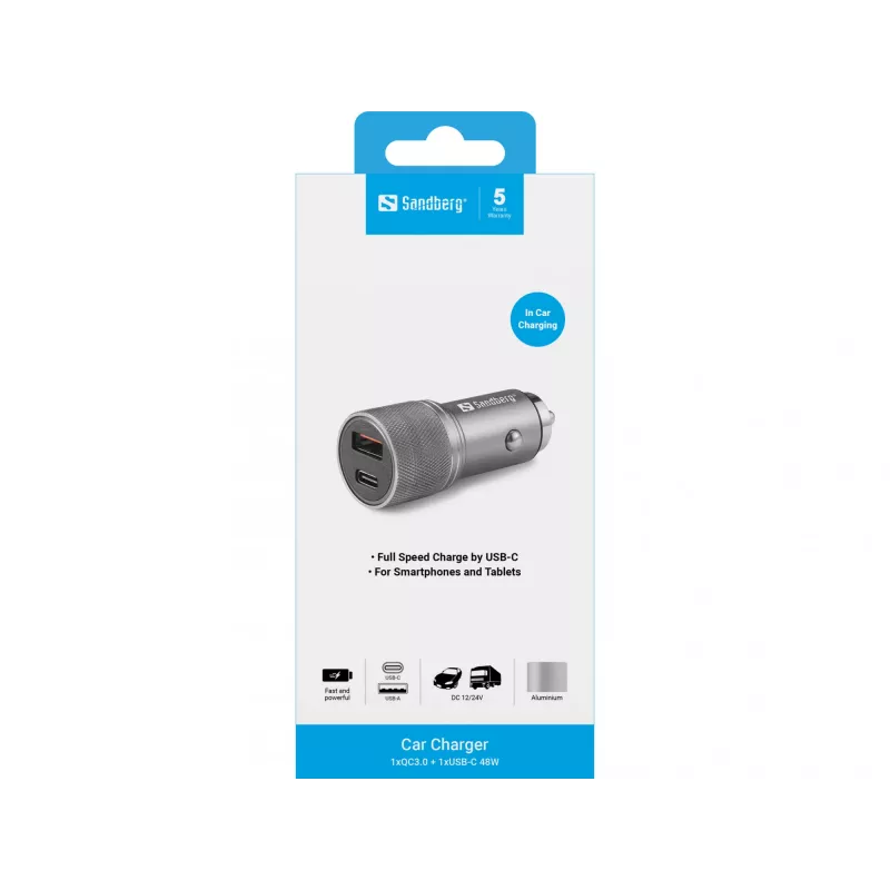 Sandberg autolader 1xQC3.0+1xUSB-C 48W, auto, sigarettenaansteker, 12 V, metallic