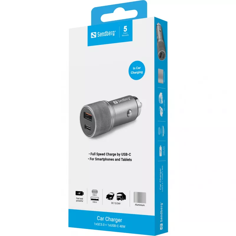 Sandberg autolader 1xQC3.0+1xUSB-C 48W, auto, sigarettenaansteker, 12 V, metallic