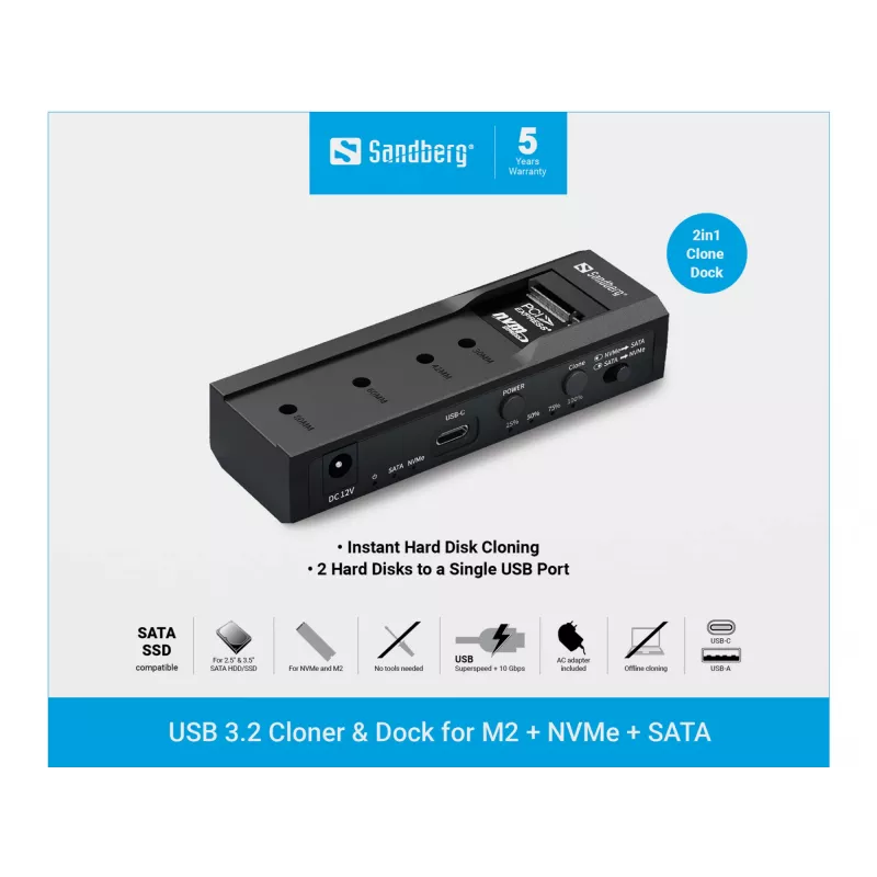 Sandberg USB 3.2 kloon en dock voor M2 + NVMe + SATA