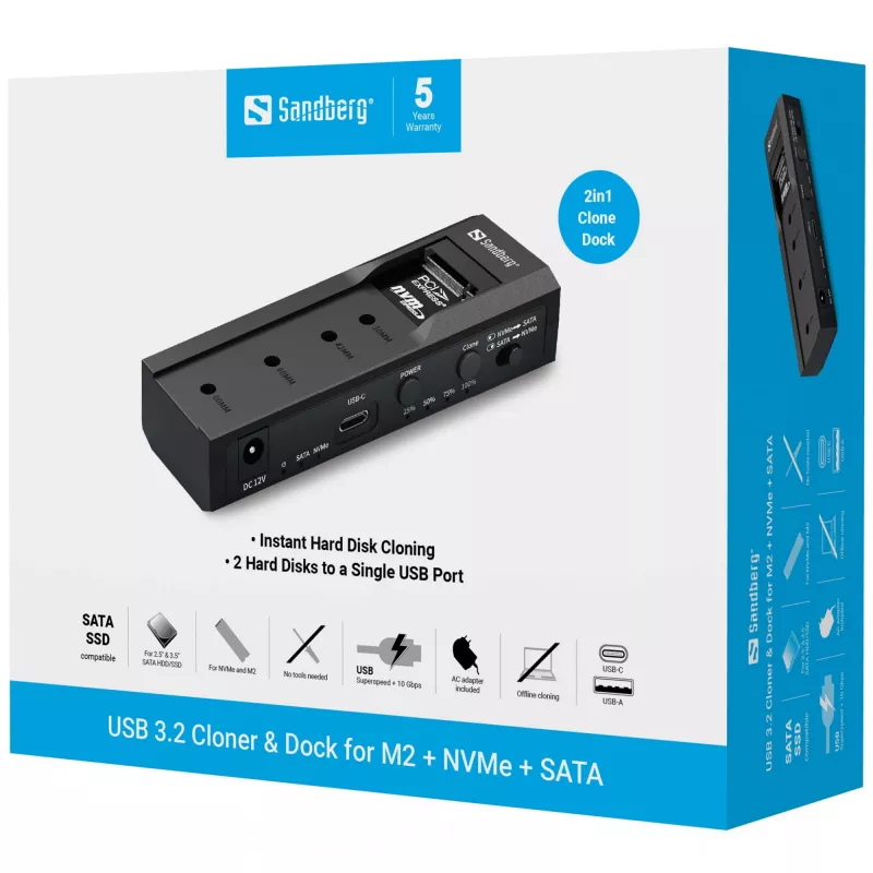 Sandberg USB 3.2 kloon en dock voor M2 + NVMe + SATA