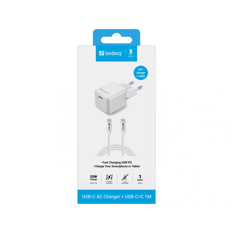 Sandberg USB-C 20W oplader indoor AC 1M kabel snelladen
