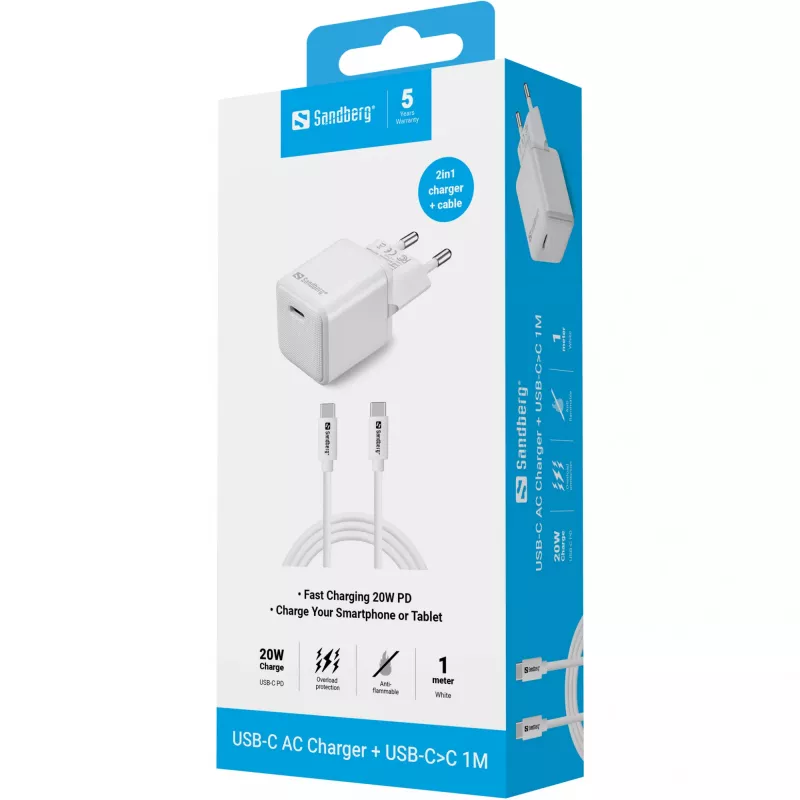 Sandberg USB-C 20W oplader indoor AC 1M kabel snelladen
