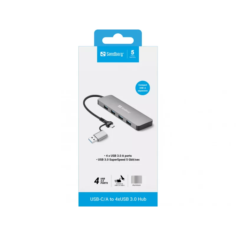 Sandberg USB-C/A naar 4xUSB 3.0 hub aluminium 5000 Mbit/s