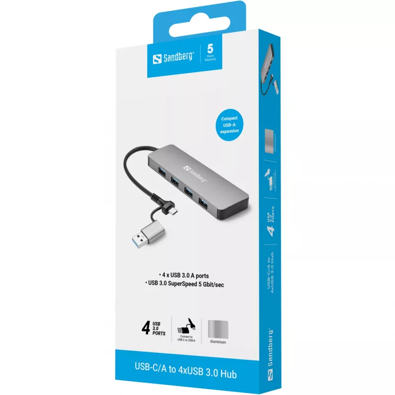 Sandberg USB-C/A naar 4xUSB 3.0 hub aluminium 5000 Mbit/s
